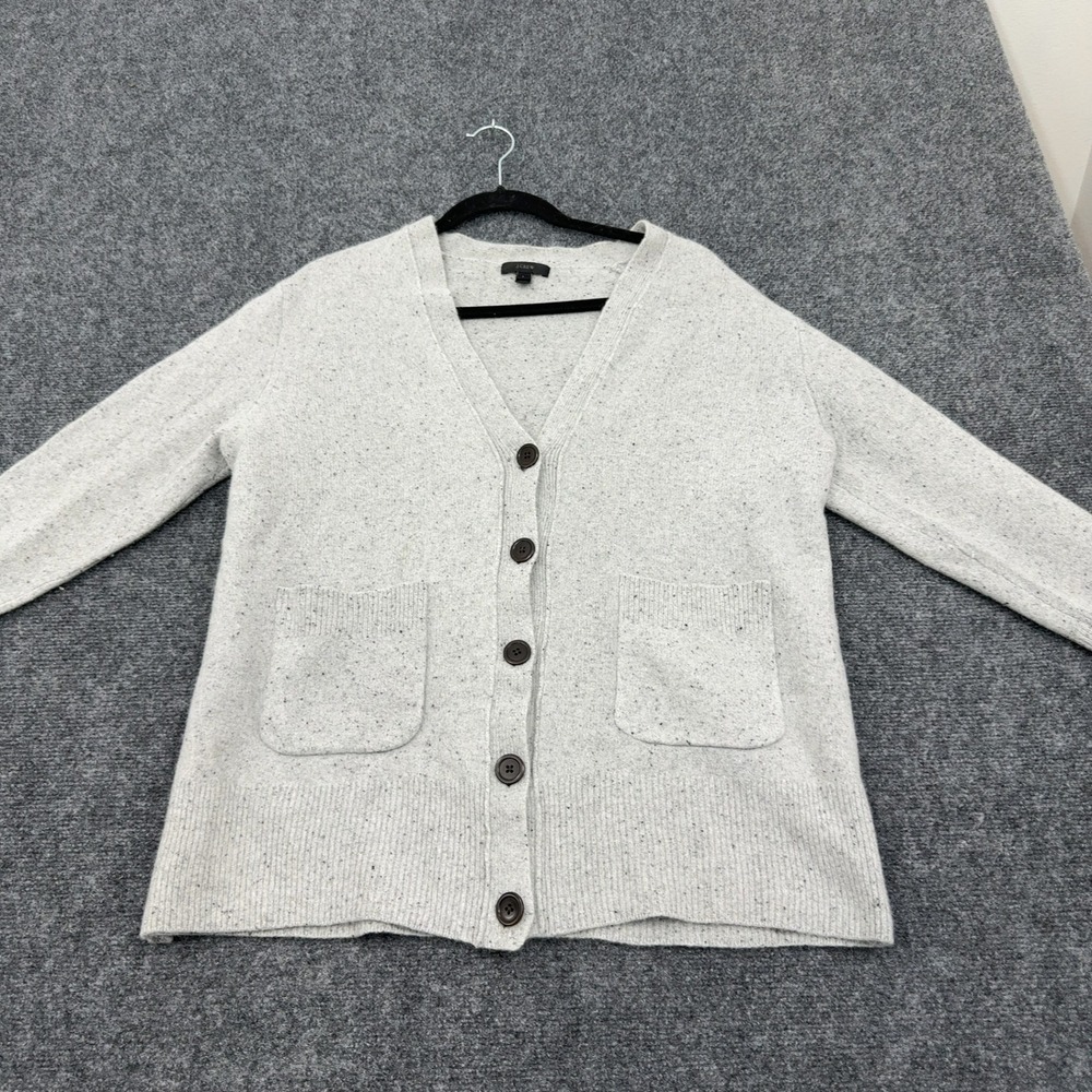 J Crew Cardigan Womens L Gray Wool Speckled Knit Button Up Classic Preppy